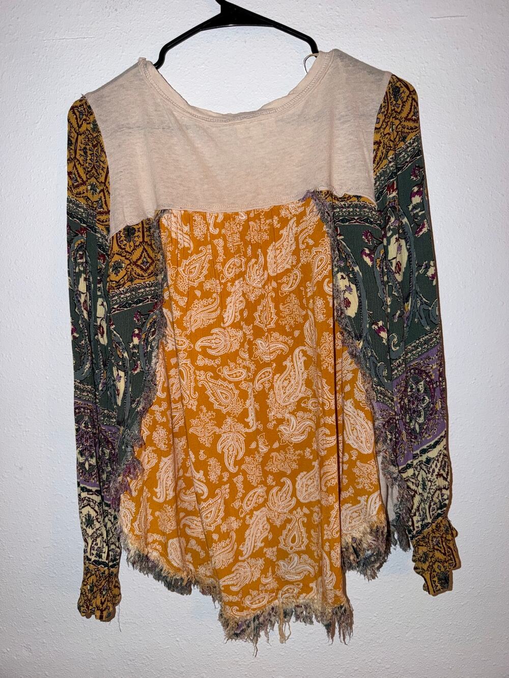 Umgee Patchwork Boho Floral Paisley Print Raglan Flowy Long Sleeve Top Sz Small